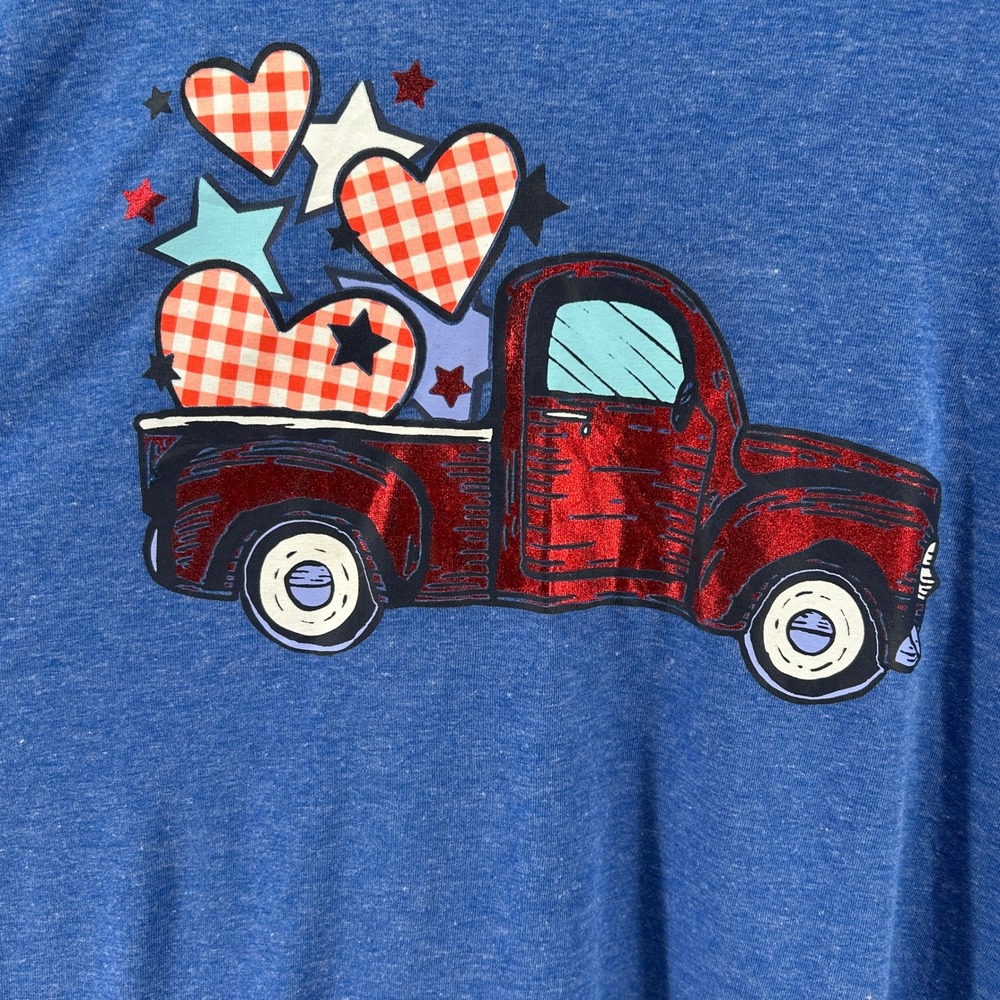 Way To Celebrate Patriotic Blue Graphic T Red Foil Truck Hearts XXL NWT July 4th - Picture 2 of 10